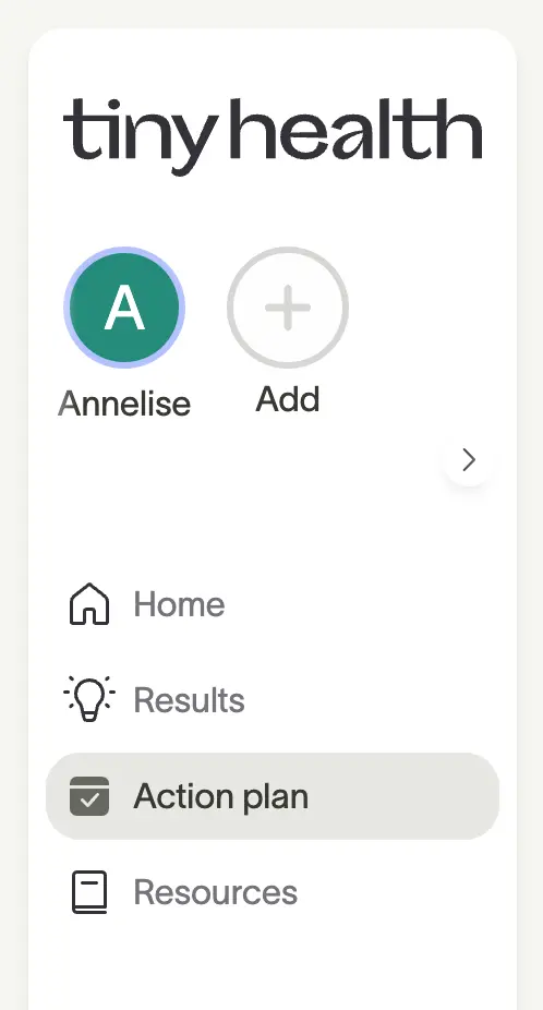 Tiny Health Account landing page showing where the Action Plan lives