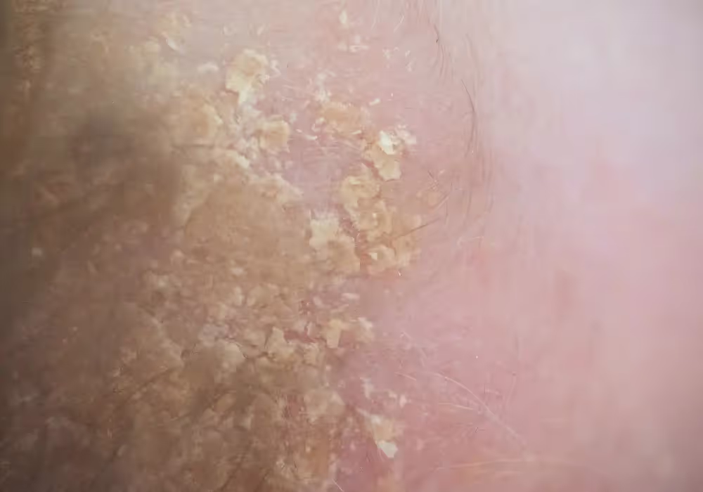 A closeup photo of yellowish scales on a baby's scalp, known as cradle cap or infant seborrheic dermatitis.