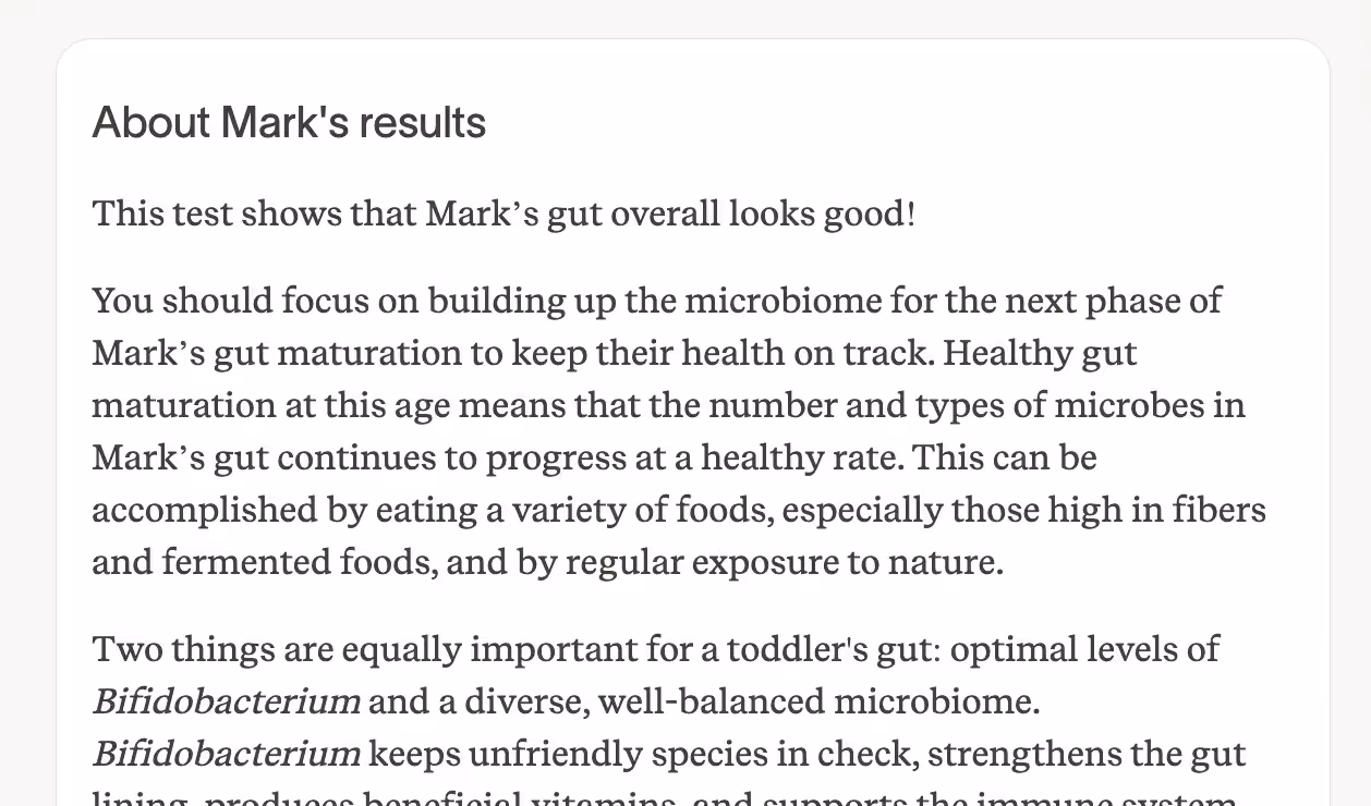 No, that’s longer. Here’s a trimmed version at 124 characters:  Mark’s gut looks good; next focus is gut maturation with fibers, fermented foods, nature, and healthy Bifidobacterium.