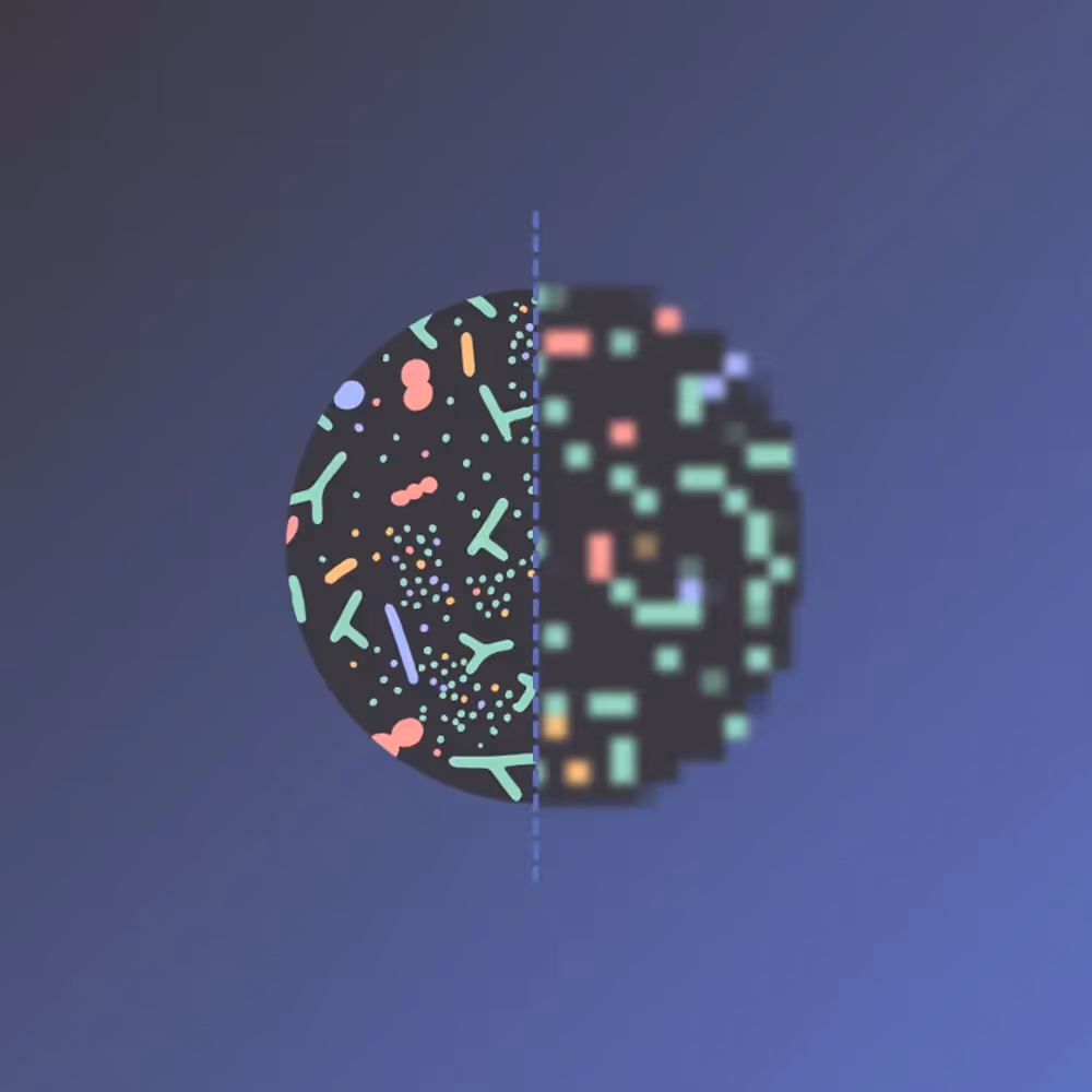 Illustration of microbes with the left side in sharp detail and the right side pixellated representing microbiome testing technology comparisons
