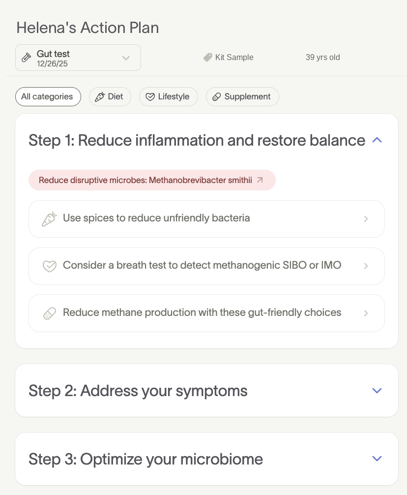 Helena's action plan showing 3 prioritized steps, beginning with Reduce inflammation and restore balance
