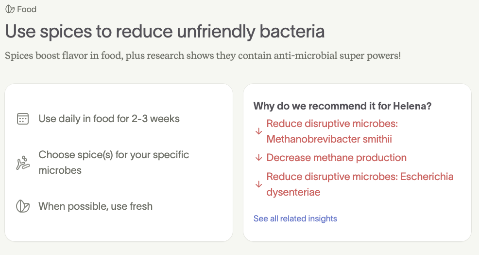 Food recommendation card showing how to use spices to reduce unfriendly bacteria with specific microbe targets for Helena