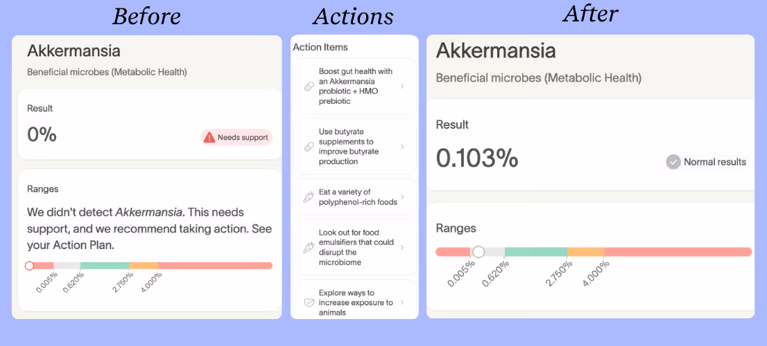 Akkermansia levels increased from zero to normal range after six months of targeted supplementation