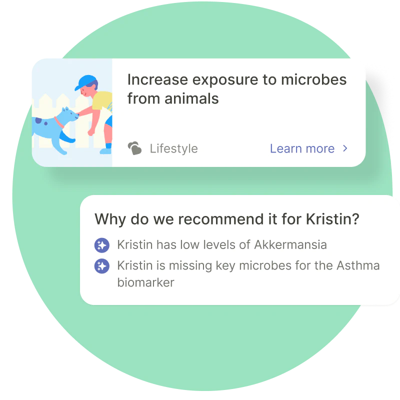 An app card recommending increased exposure to microbes from animals, with a note explaining the recommendation based on specific health concerns