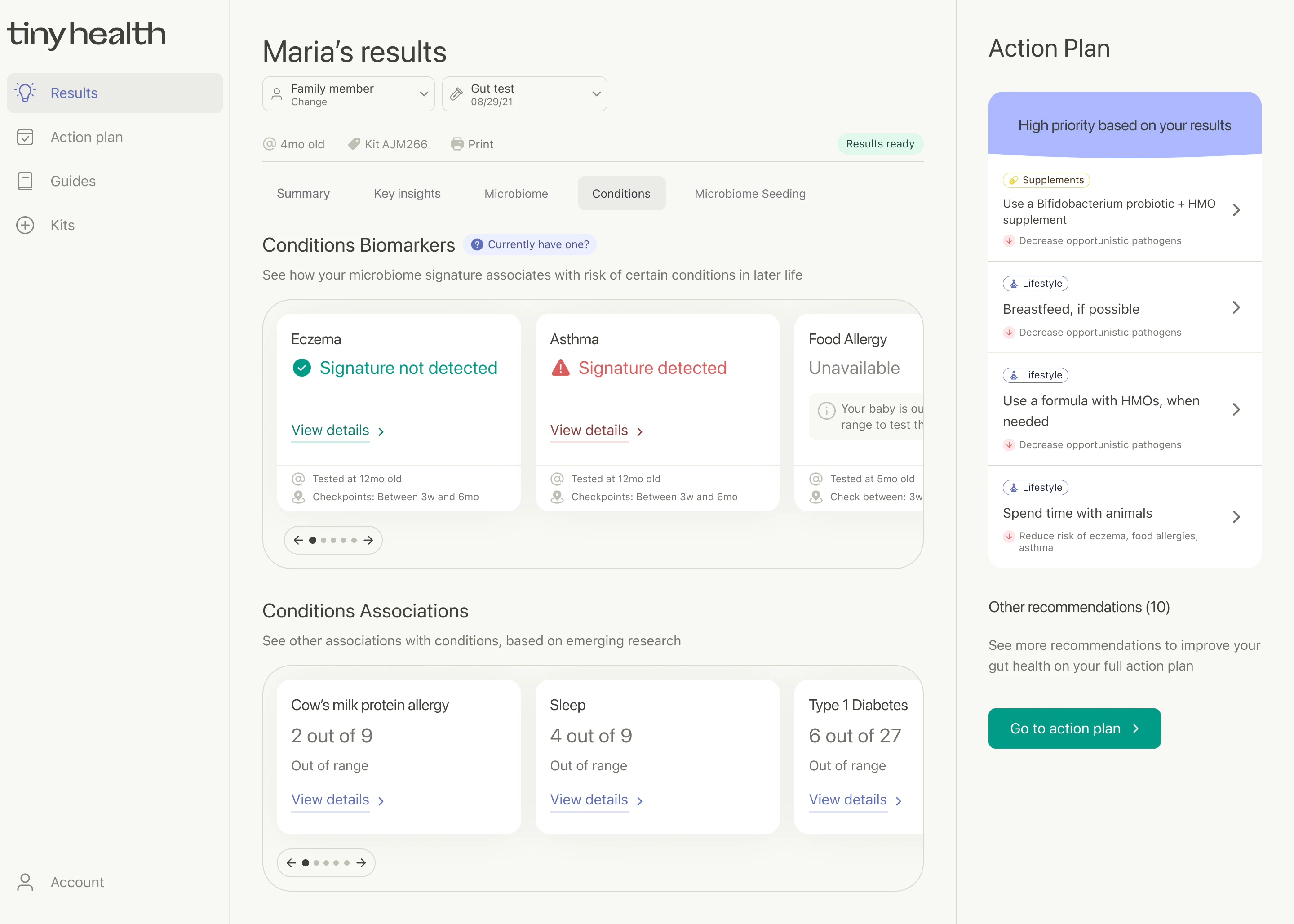 Tiny Health web app showing Maria's microbiome test results with condition biomarkers for eczema, asthma, and food allergies, alongside personalized action plan recommendations