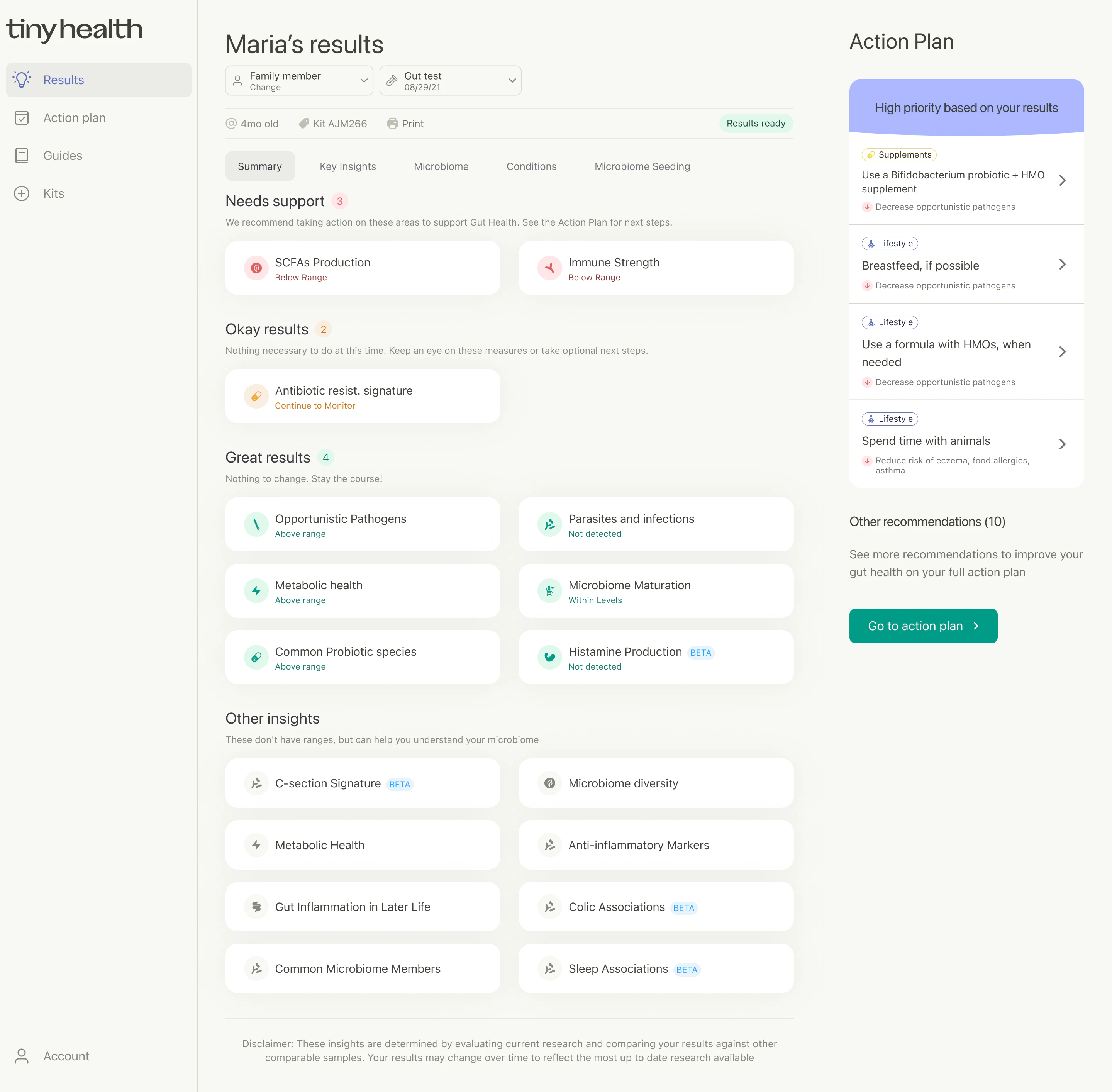 Tiny Health web app showing personalized action plan with recommendations for probiotics, breastfeeding, and animal exposure
