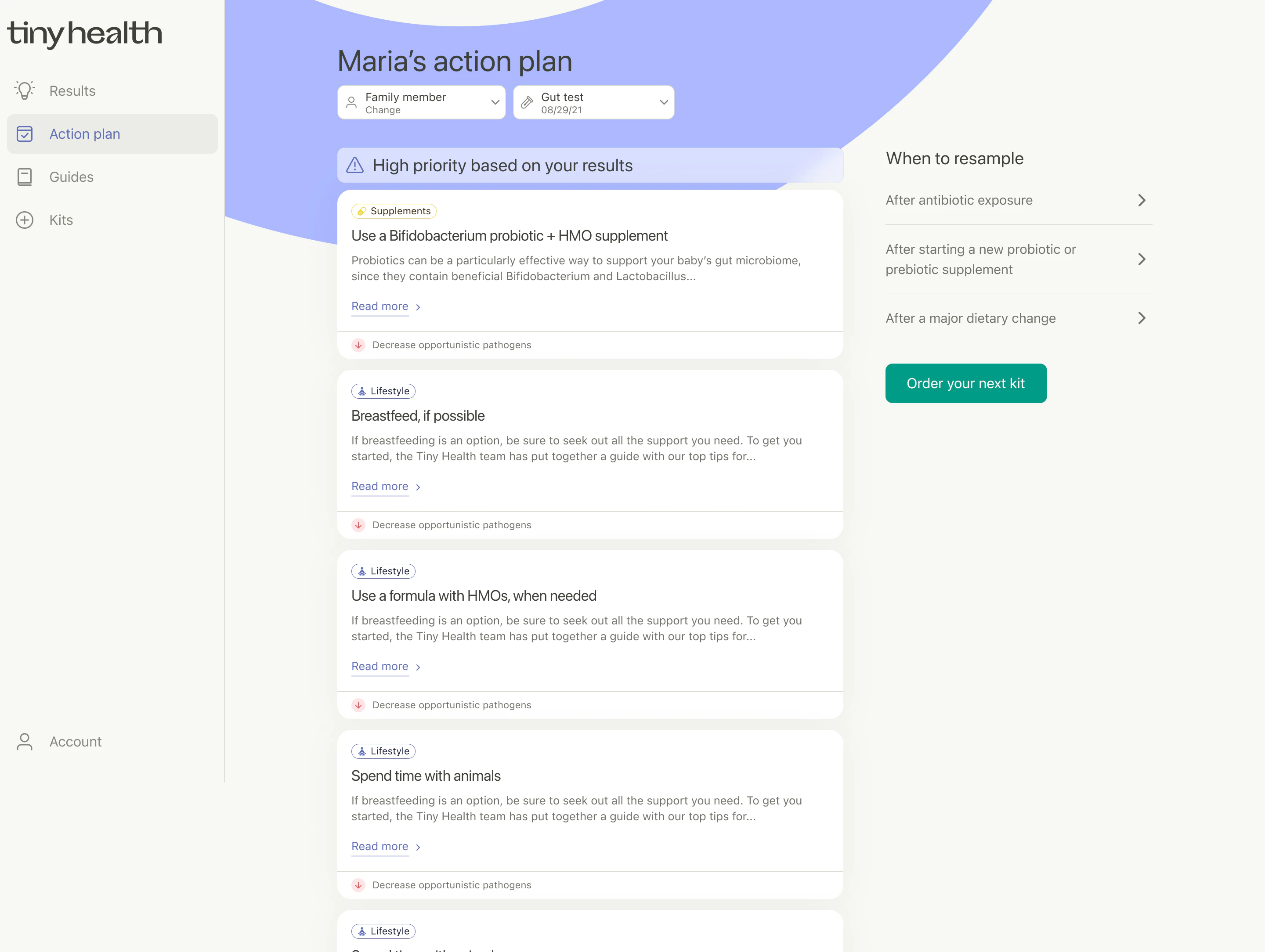 Tiny Health web app showing personalized action plan with recommendations for probiotics, breastfeeding, and animal exposure
