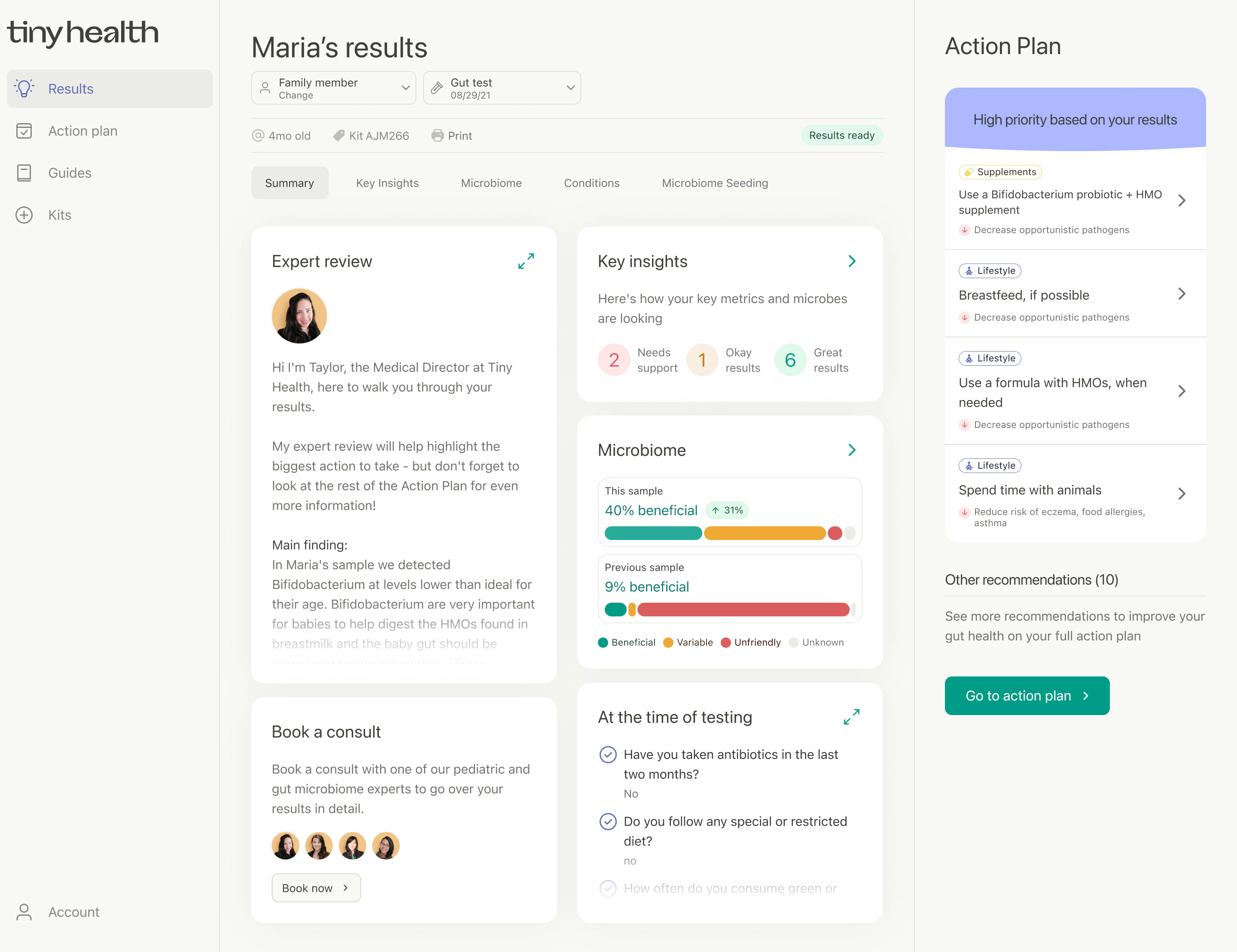 Tiny Health web app showing personalized action plan with recommendations for probiotics, breastfeeding, and animal exposure
