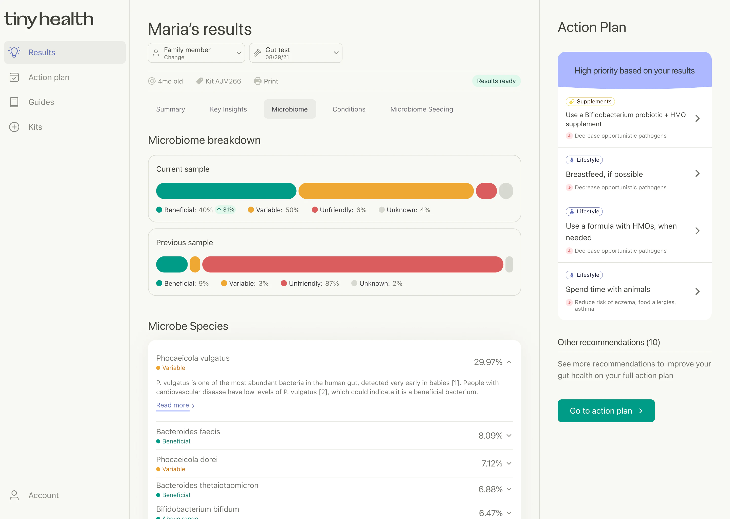Tiny Health web app showing personalized action plan with recommendations for probiotics, breastfeeding, and animal exposure