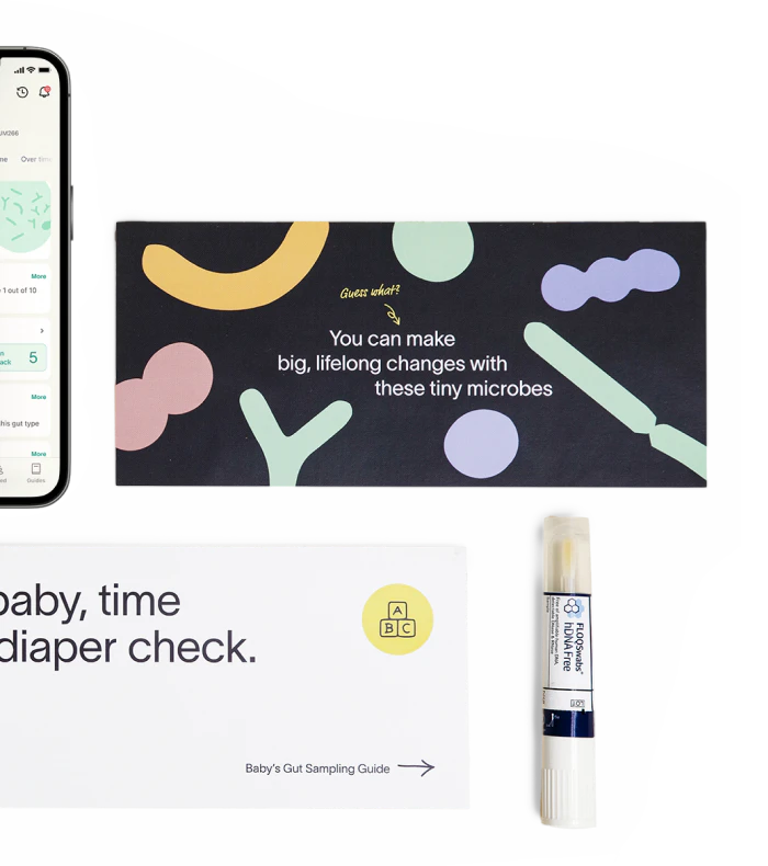Tiny Health microbiome test kit components with smartphone app and sampling tube