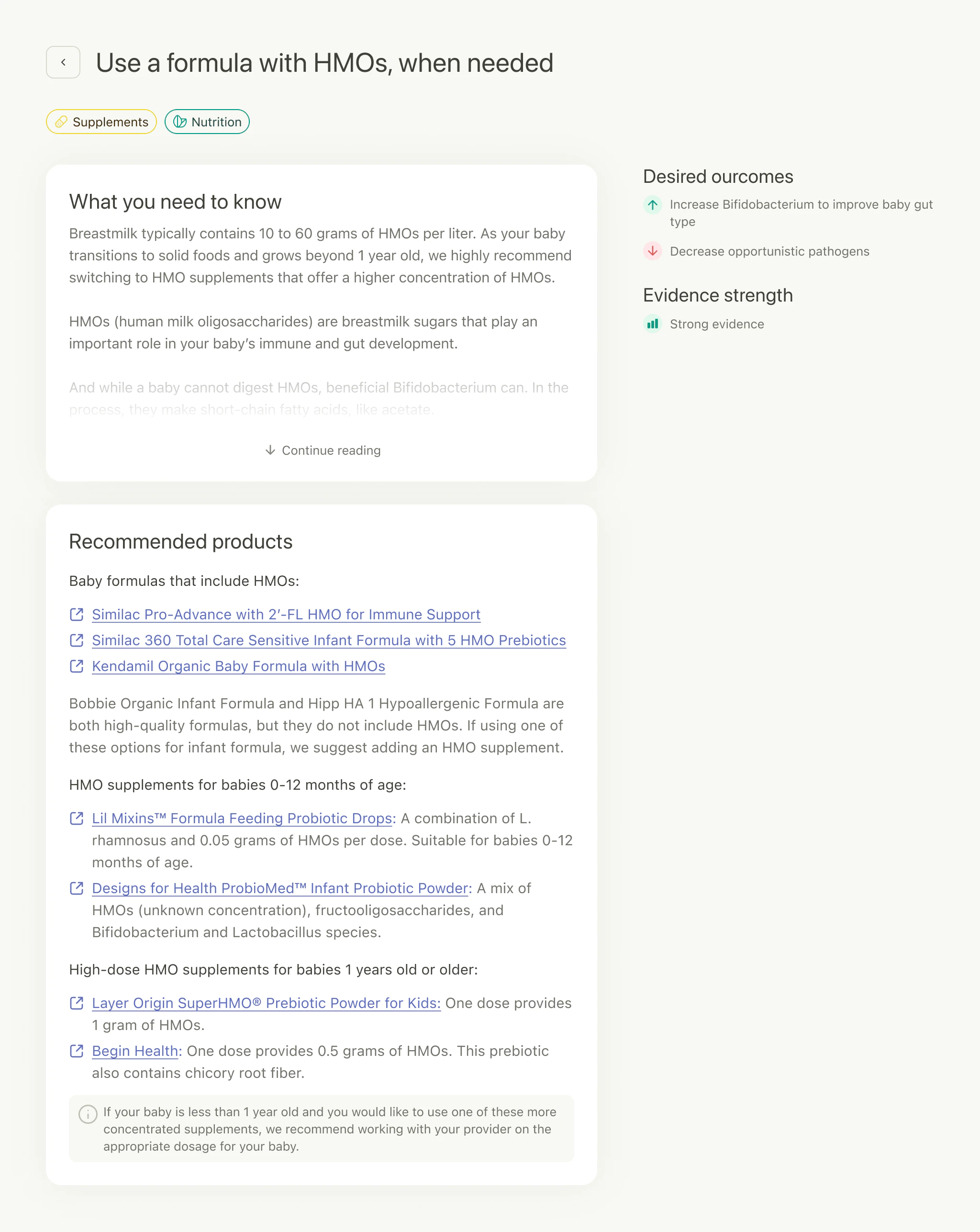 Tiny Health app recommendation page for HMO-containing formulas with product suggestions