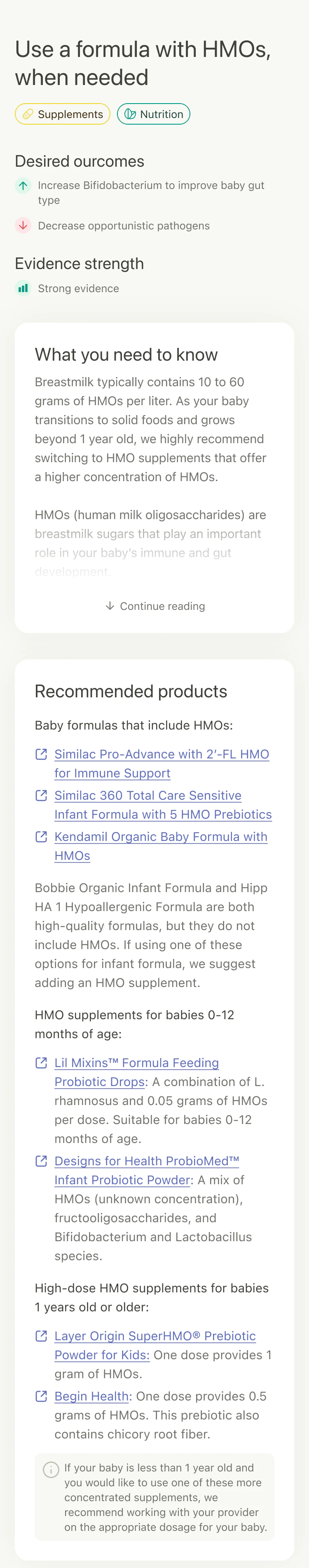 Tiny Health app recommendation page for HMO-containing formulas with product suggestions and evidence for improving gut bacteria