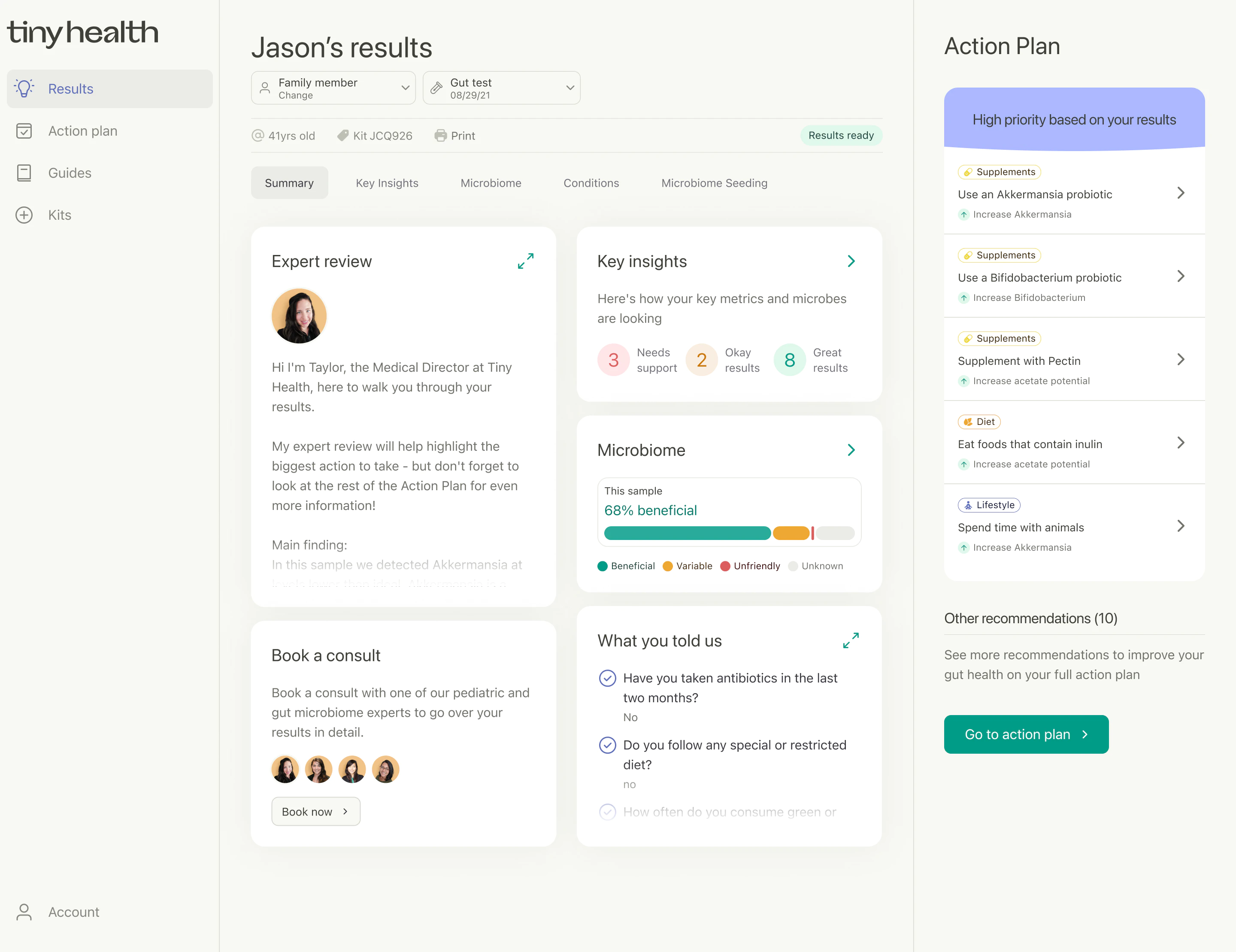 Tiny Health web app showing microbiome test results with expert review, 68% beneficial bacteria, and recommendations for Akkermansia and Bifidobacterium probiotics