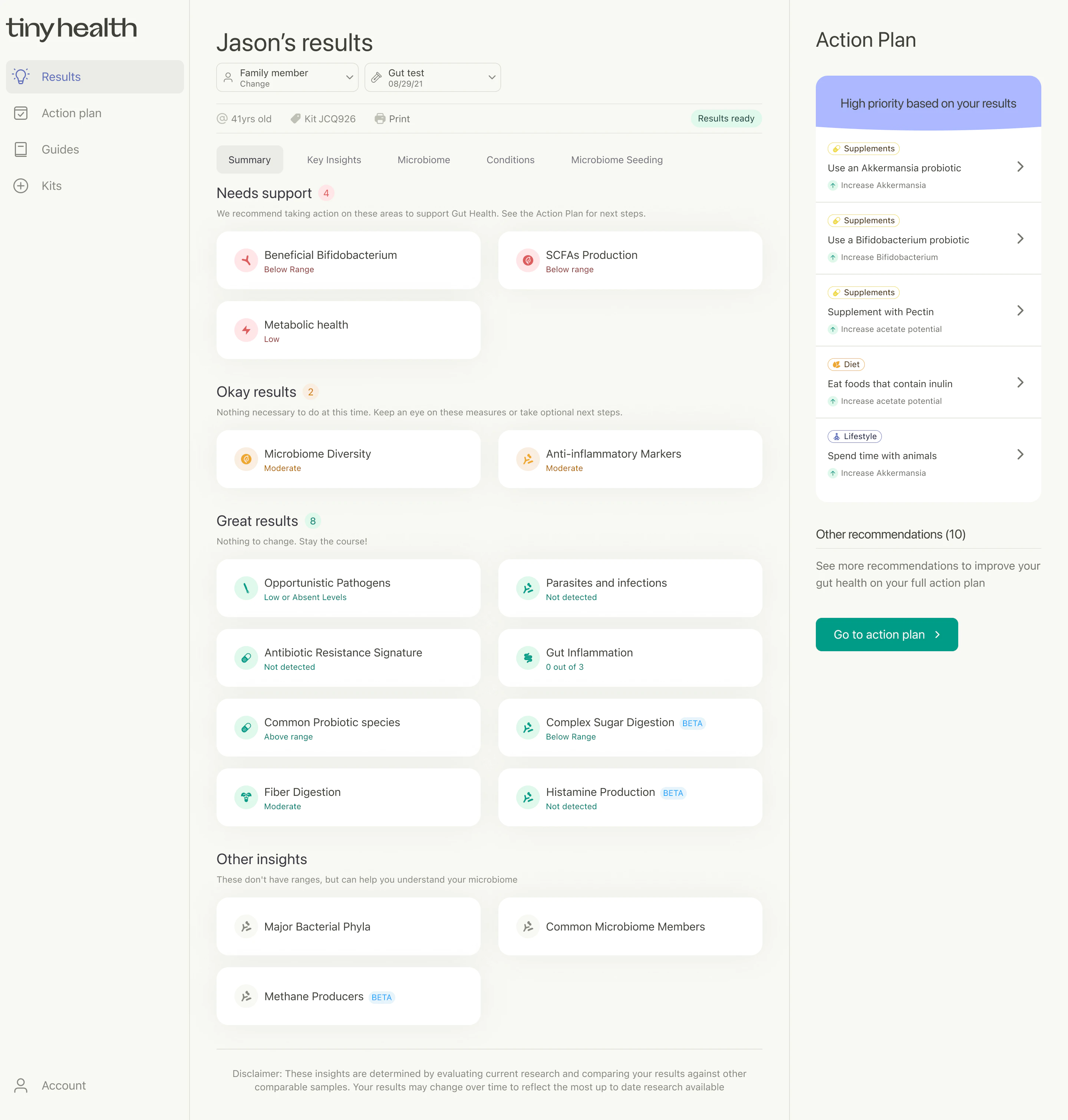 Tiny Health web app showing microbiome test results with areas needing support including Bifidobacterium levels and SCFAs production, with recommendations for probiotics and inulin-rich foods
