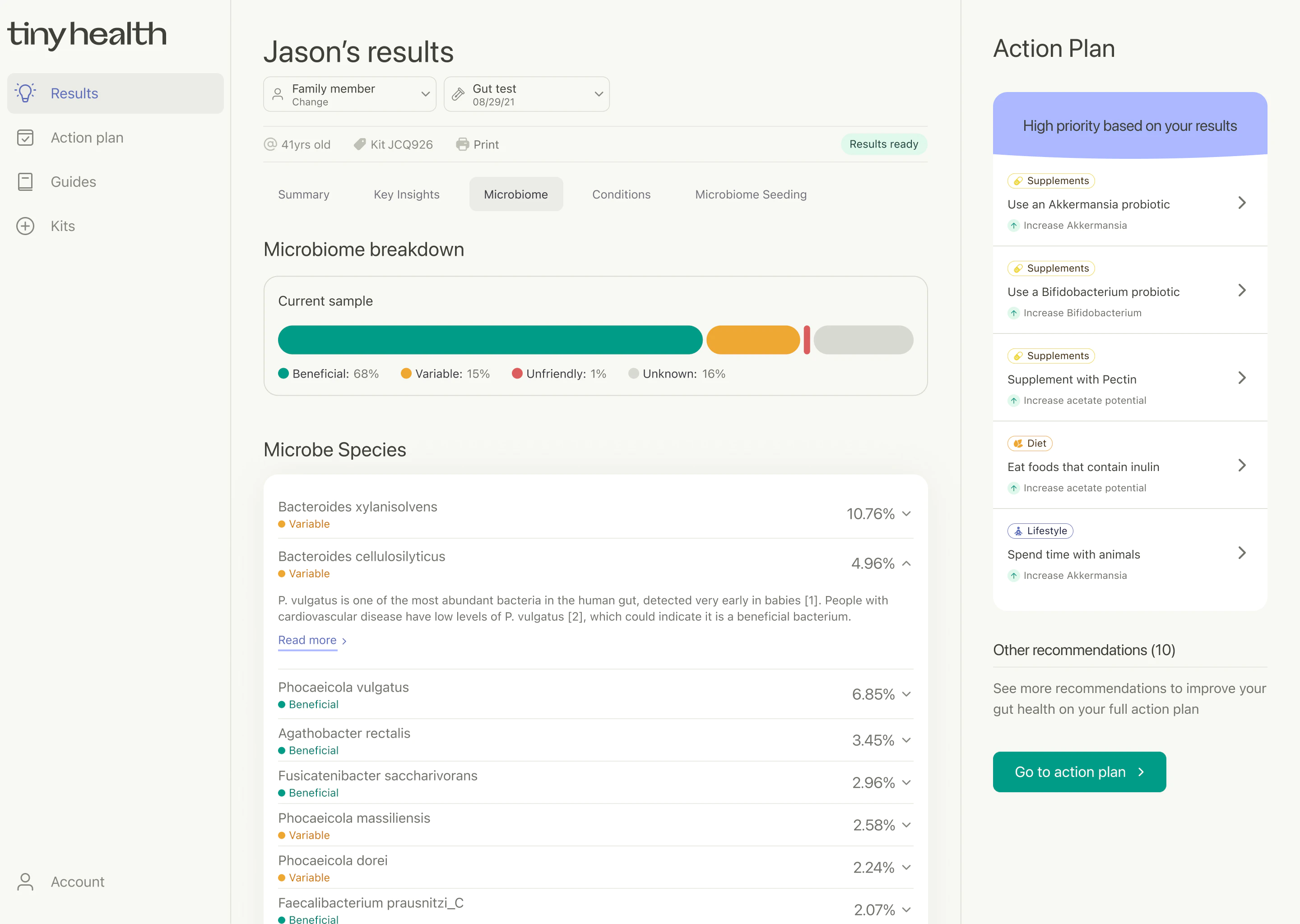 Tiny Health web app showing child's microbiome test results with expert review, beneficial bacteria percentages, and recommendations for polyphenol-rich foods and Akkermansia probiotics