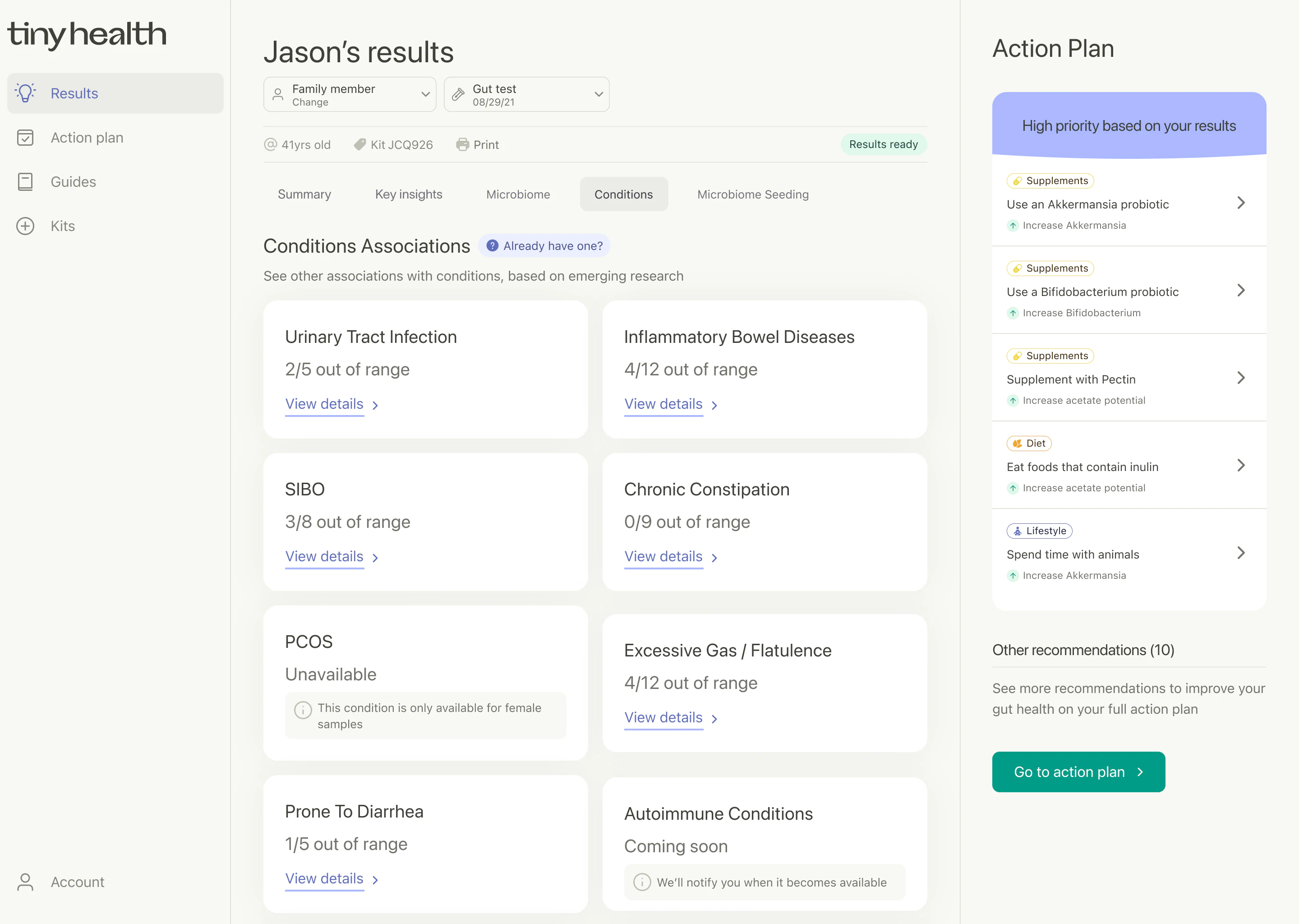 Tiny Health web app showing microbiome test results with condition associations for UTI, IBD, SIBO and other digestive issues, alongside probiotic and dietary recommendations