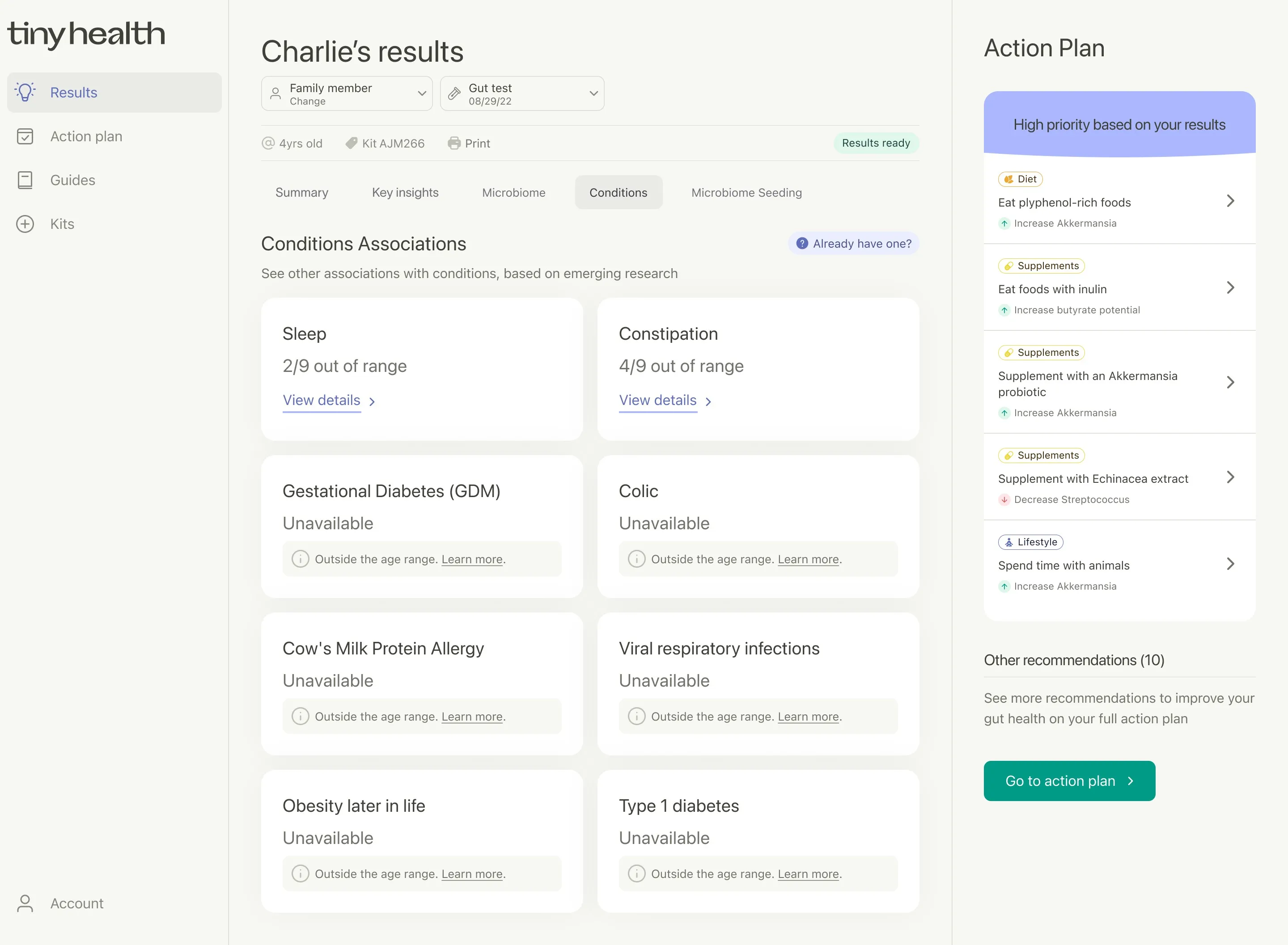 Tiny Health web app showing microbiome test results with condition associations for sleep and constipation, alongside dietary and probiotic recommendations