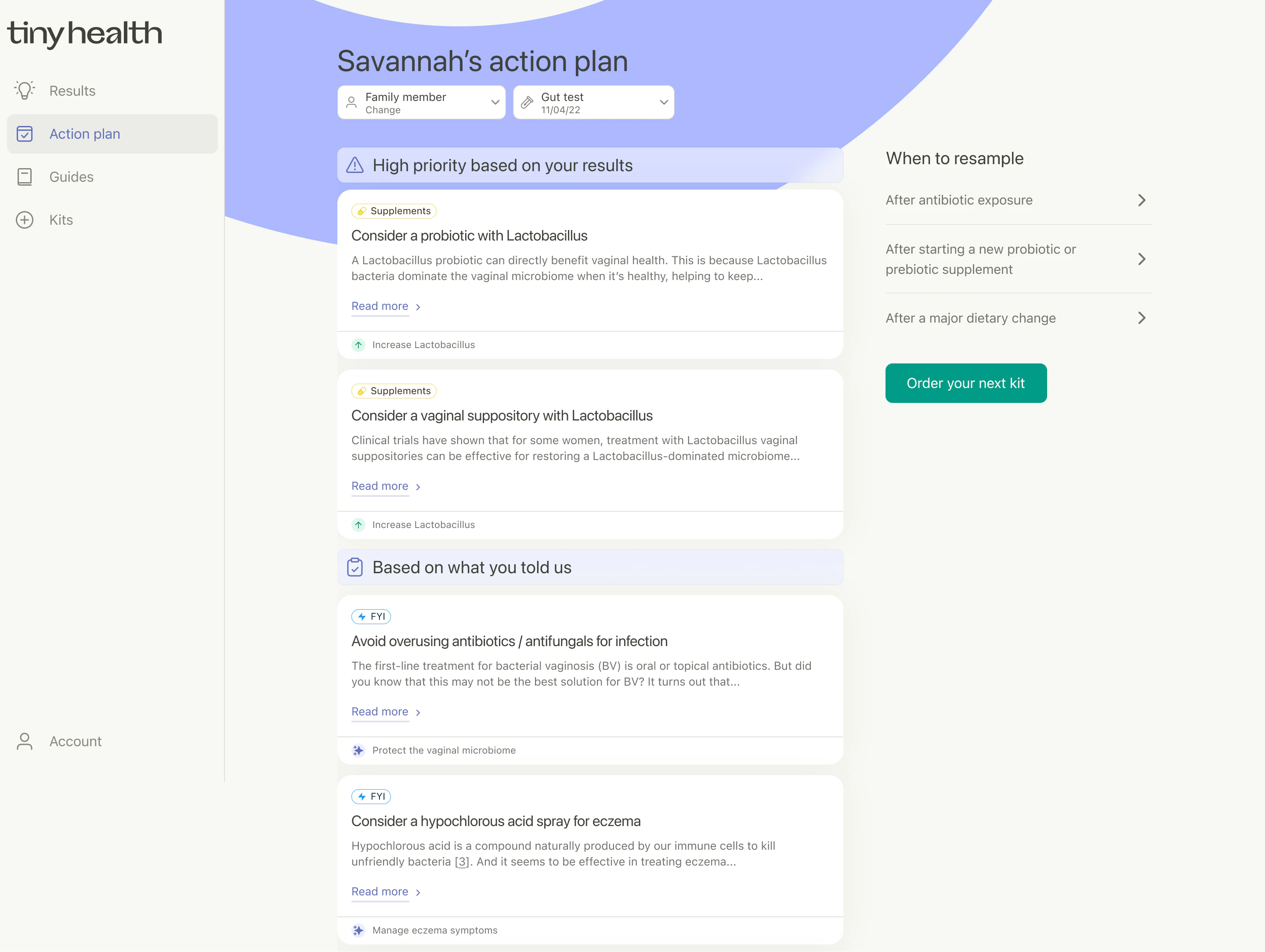 Tiny Health web app showing personalized action plan with recommendations for Lactobacillus probiotics, vaginal suppositories, and advice about antibiotic use