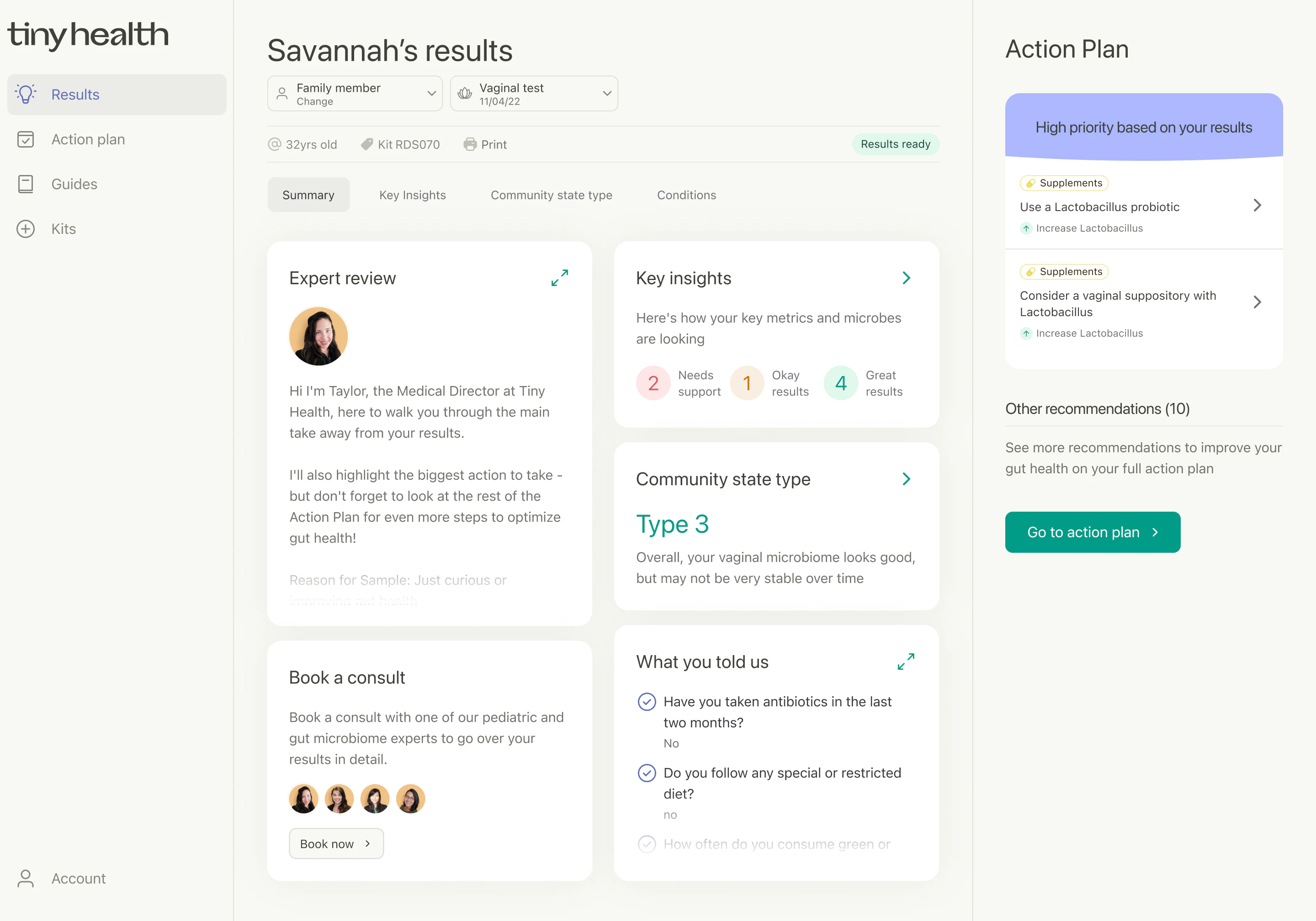 Tiny Health web app showing vaginal microbiome results with expert review, Type 3 community state type classification, and Lactobacillus recommendations