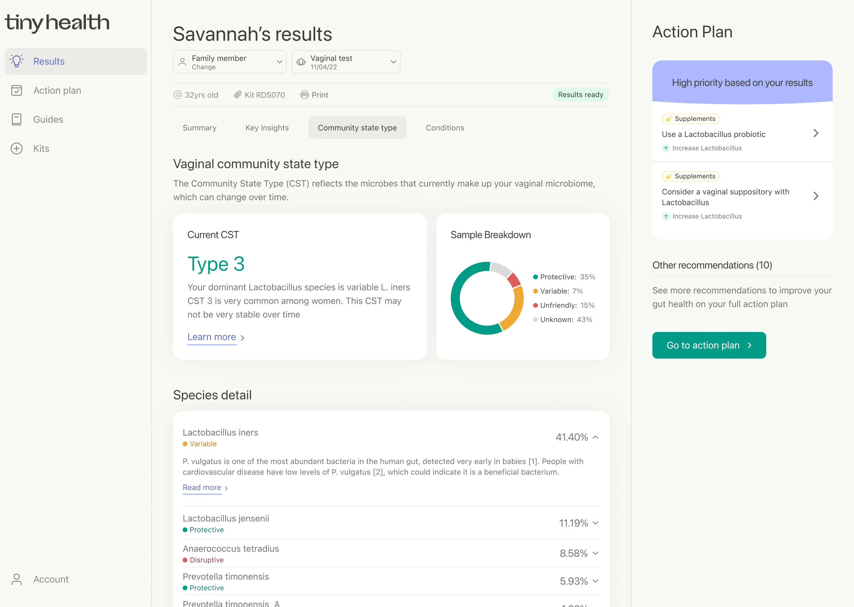 Tiny Health web app showing vaginal microbiome results with Type 3 community state type, bacterial species breakdown, and Lactobacillus recommendations