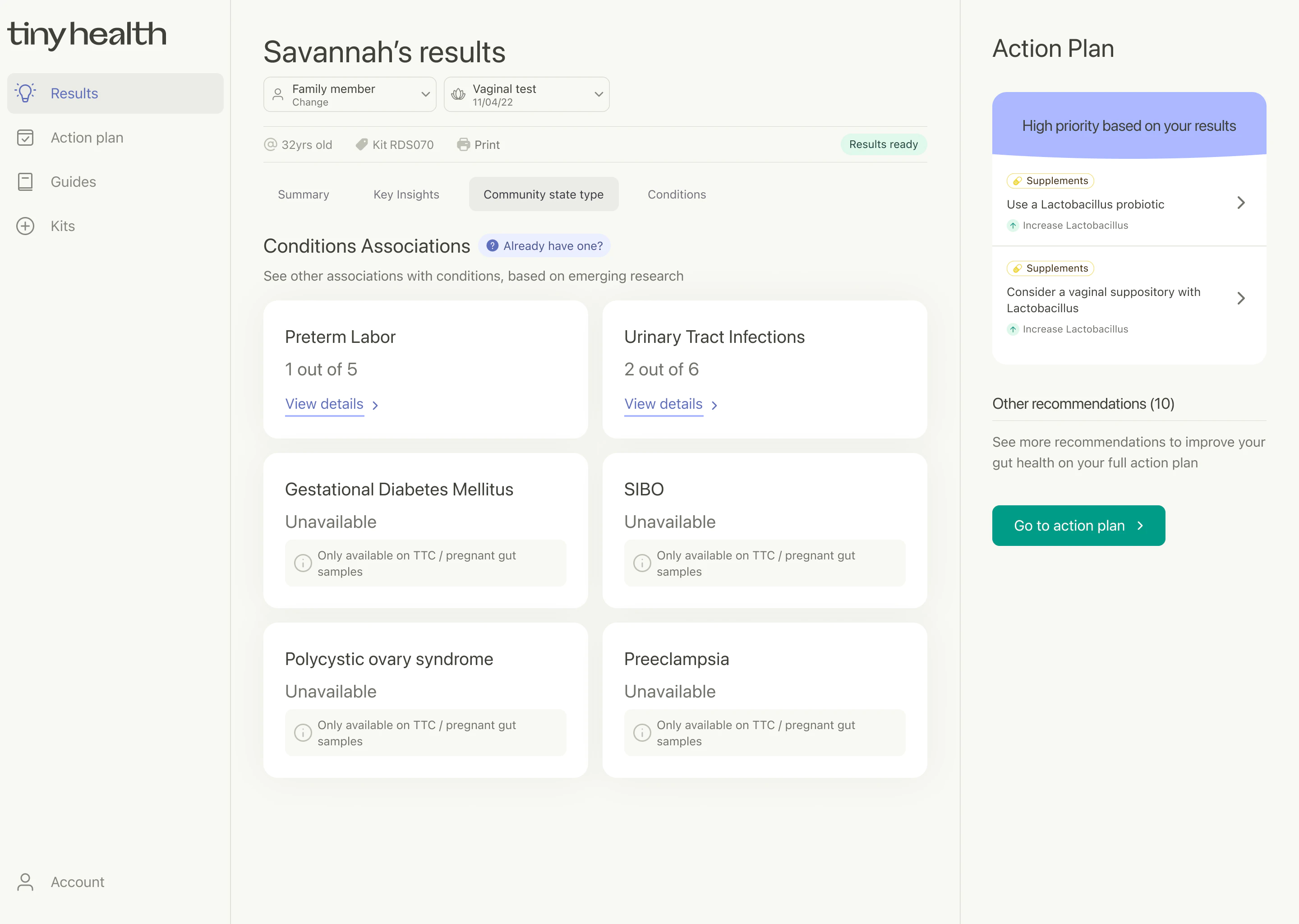 Tiny Health web app showing Savannah's vaginal microbiome test results with condition associations and Lactobacillus probiotic recommendations