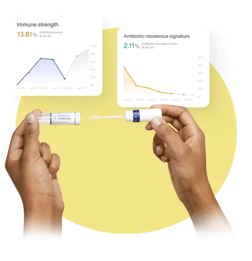 Hands holding microbiome test tube with graphs showing immune strength and antibiotic resistance data