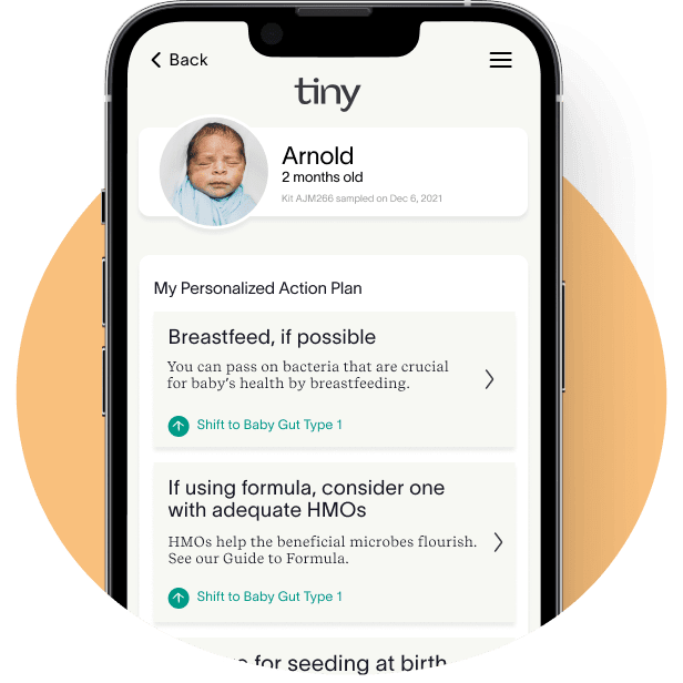 A screenshot of Tiny Health's app, showing the personalized recommendations that users get after they perform a test