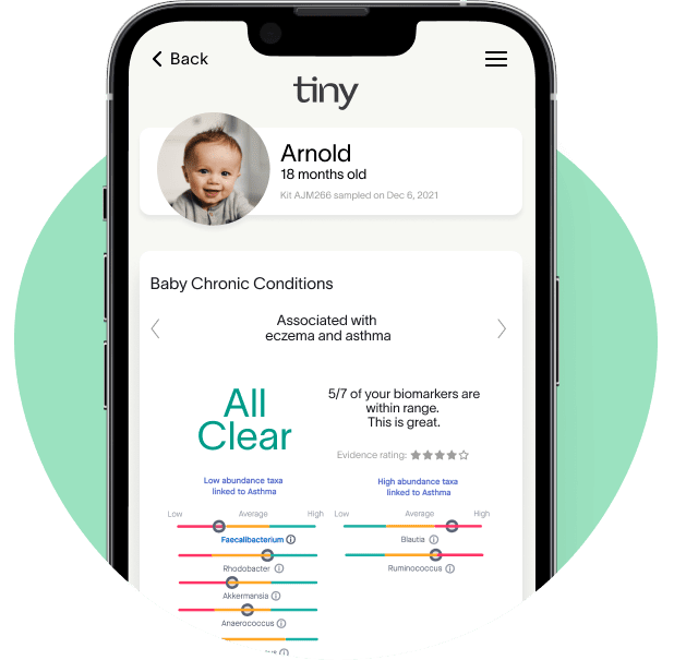 A screenshot of Tiny Health's app, showing a panel with associations between gut microbiome and health for babies
