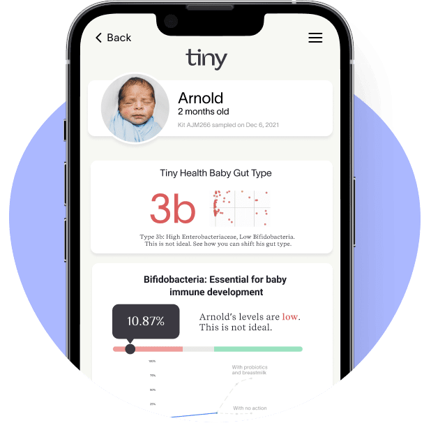 A screenshot of Tiny Health's app, showing different diagrams of microbes distribution and microbiome for a baby