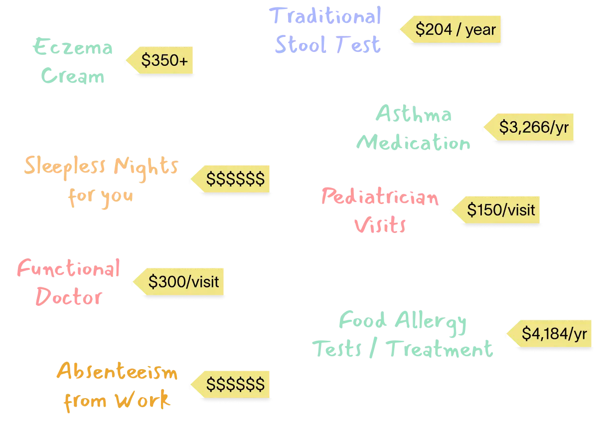 A list of common early life health needs and how they're traditionally approached, and their related costs