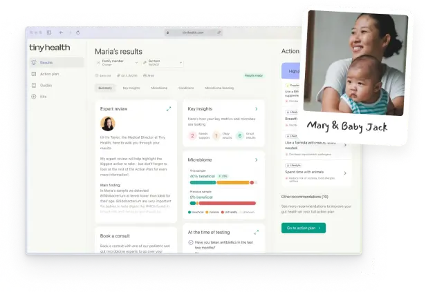  A laptop screen displays health results with sections for an expert review, key insights, and microbiome data. A photo of a woman holding a baby is shown in the corner.