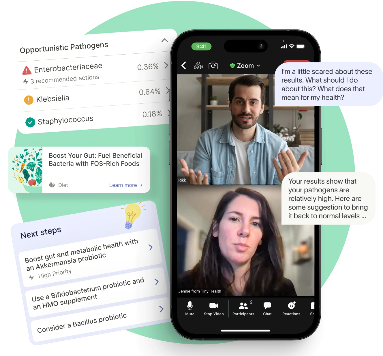 A video call with a man and a woman discussing health results, alongside a list of opportunistic pathogens and suggested next steps for improving gut health.
