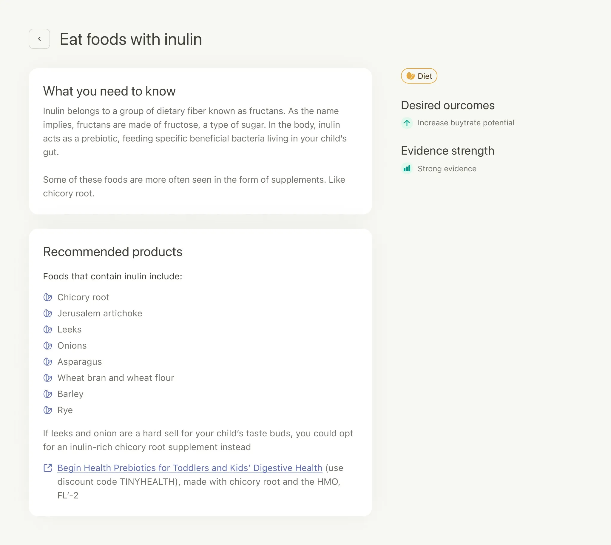 A web app screen providing dietary advice to include foods with inulin, detailing its benefits, recommended products, and a list of foods rich in inulin.