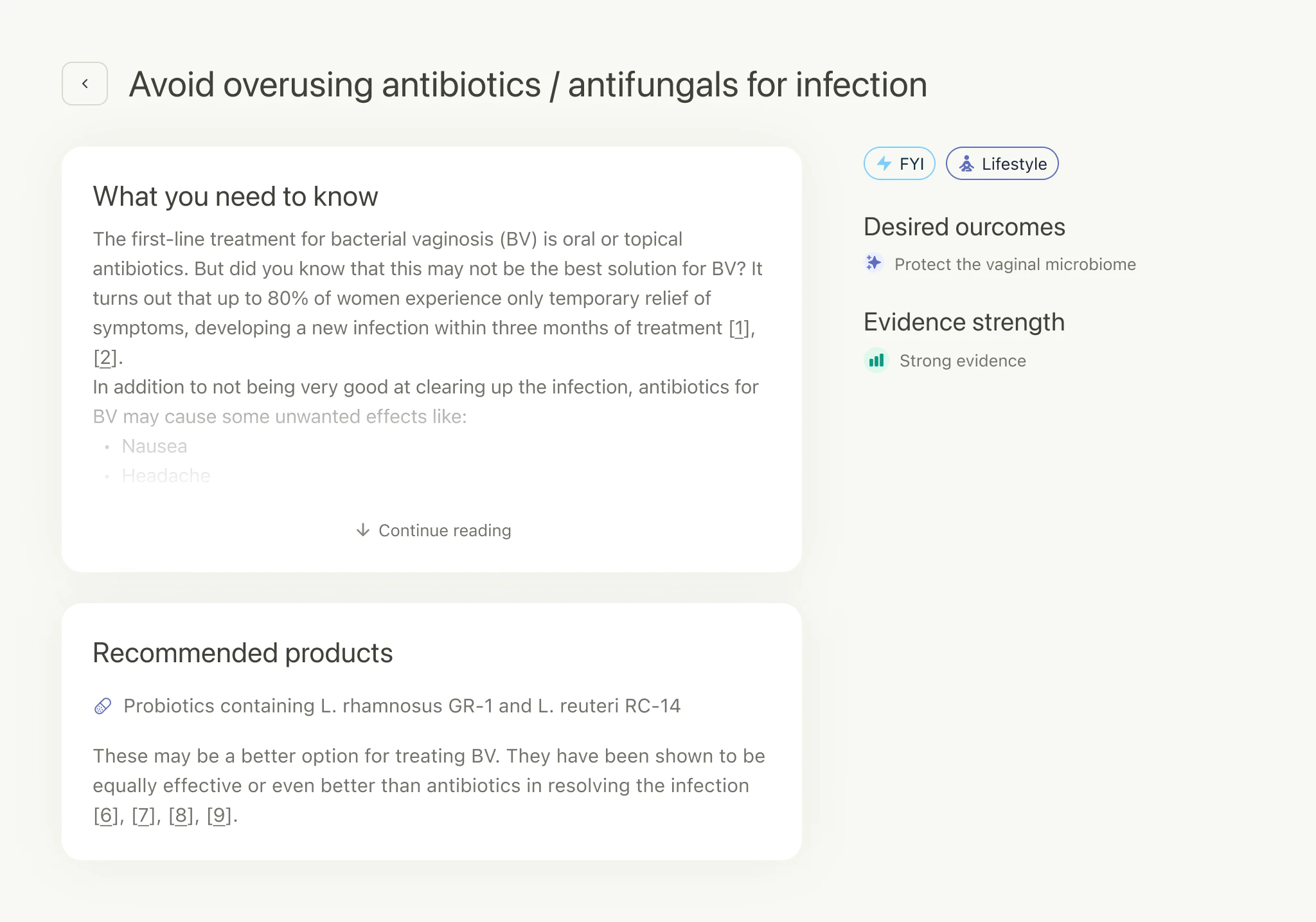 A web app screen advising against the overuse of antibiotics and antifungals for infections, detailing the potential drawbacks of antibiotic treatment for bacterial vaginosis and recommending probiotics as an alternative.
