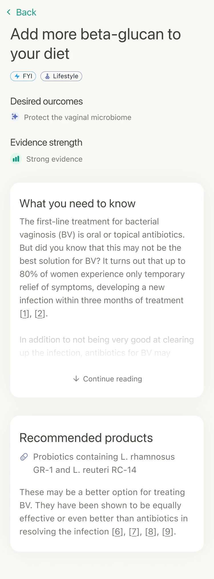 A mobile app screen providing dietary advice to increase beta-glucan intake, including information on its benefits for the vaginal microbiome, treatment options for bacterial vaginosis, and recommended probiotic products.