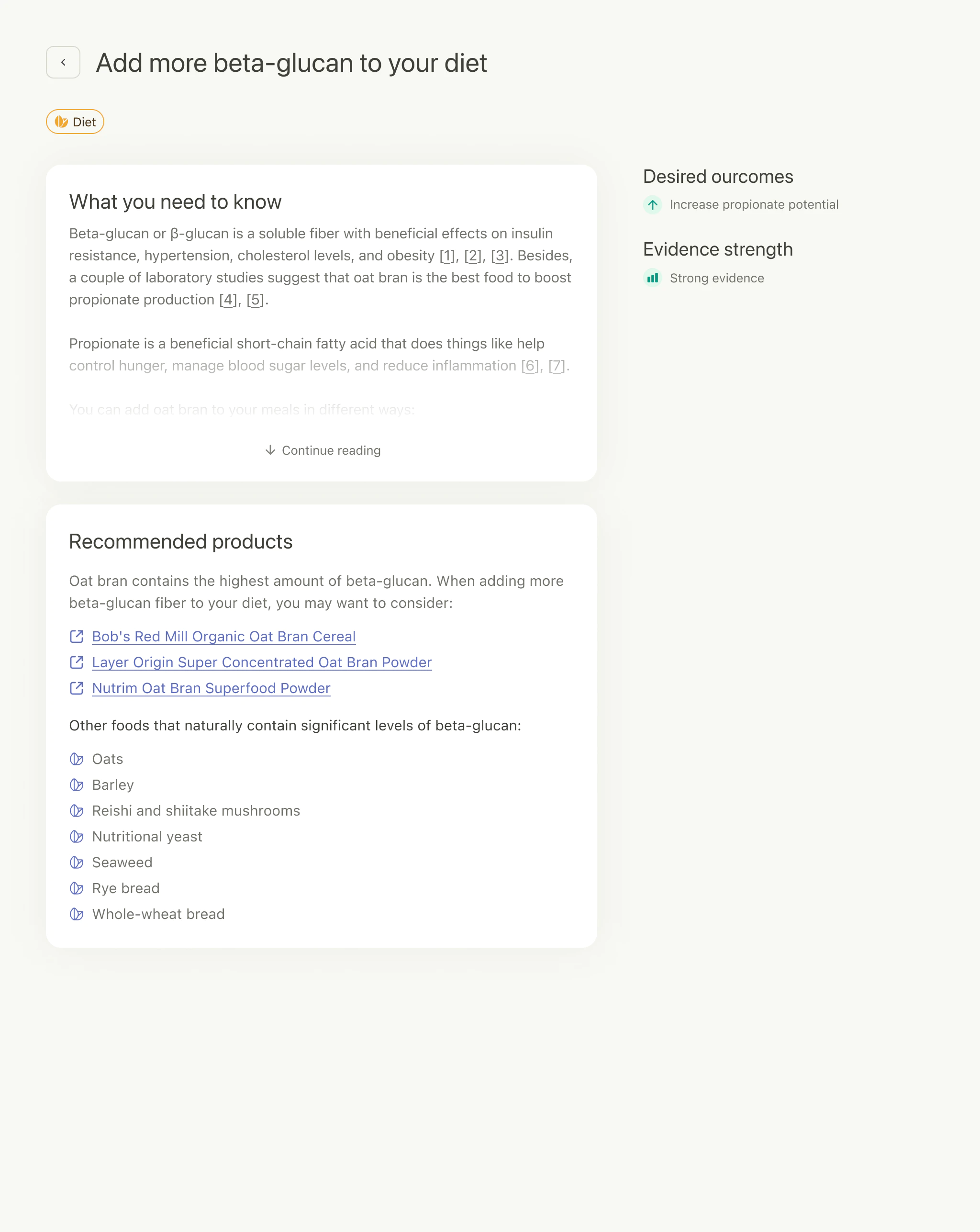 A web app screen with dietary advice to increase beta-glucan, including benefits, recommended products, and a list of rich foods.