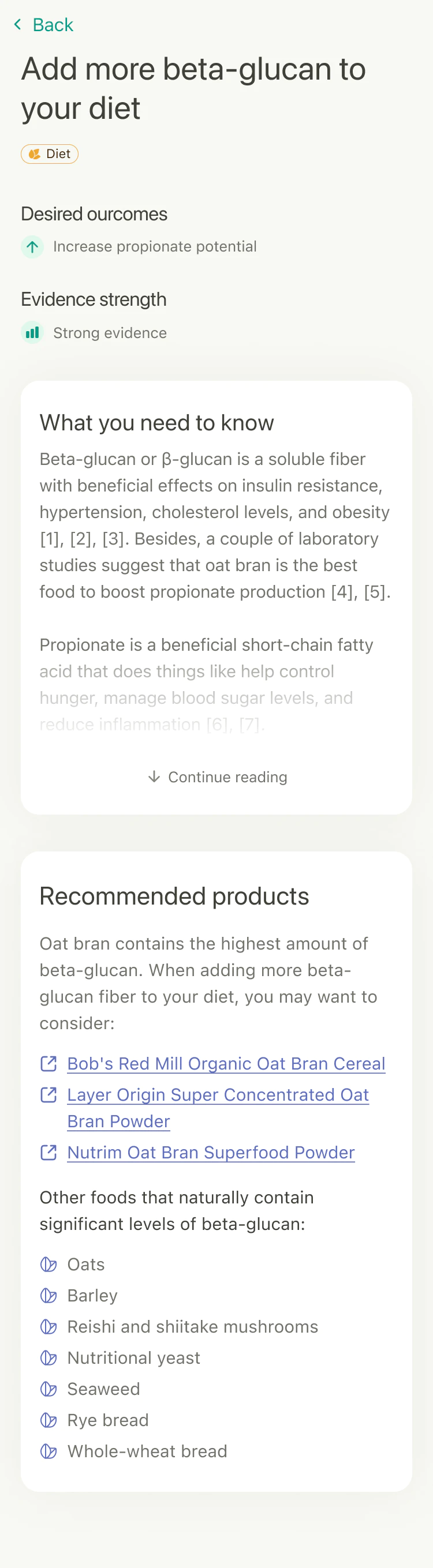 A mobile screen with dietary recommendations for increasing beta-glucan, including benefits and suggested foods.