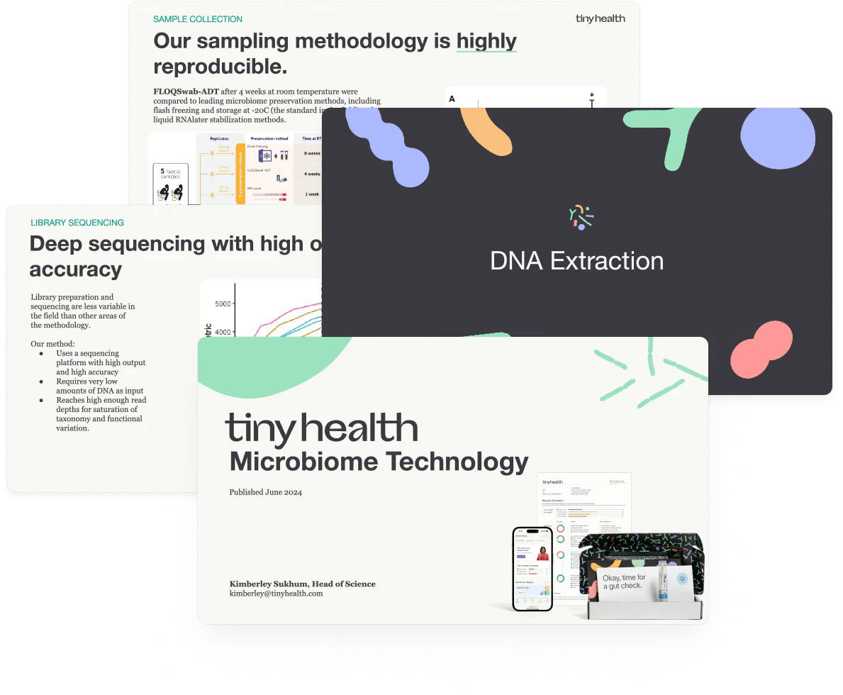 Slides about Tiny Health's microbiome technology, covering sampling methodology, sequencing accuracy, and DNA extraction.