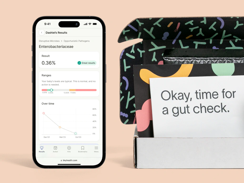 iny Health app results showing "Enterobacteriaceae," next to a box with a card.