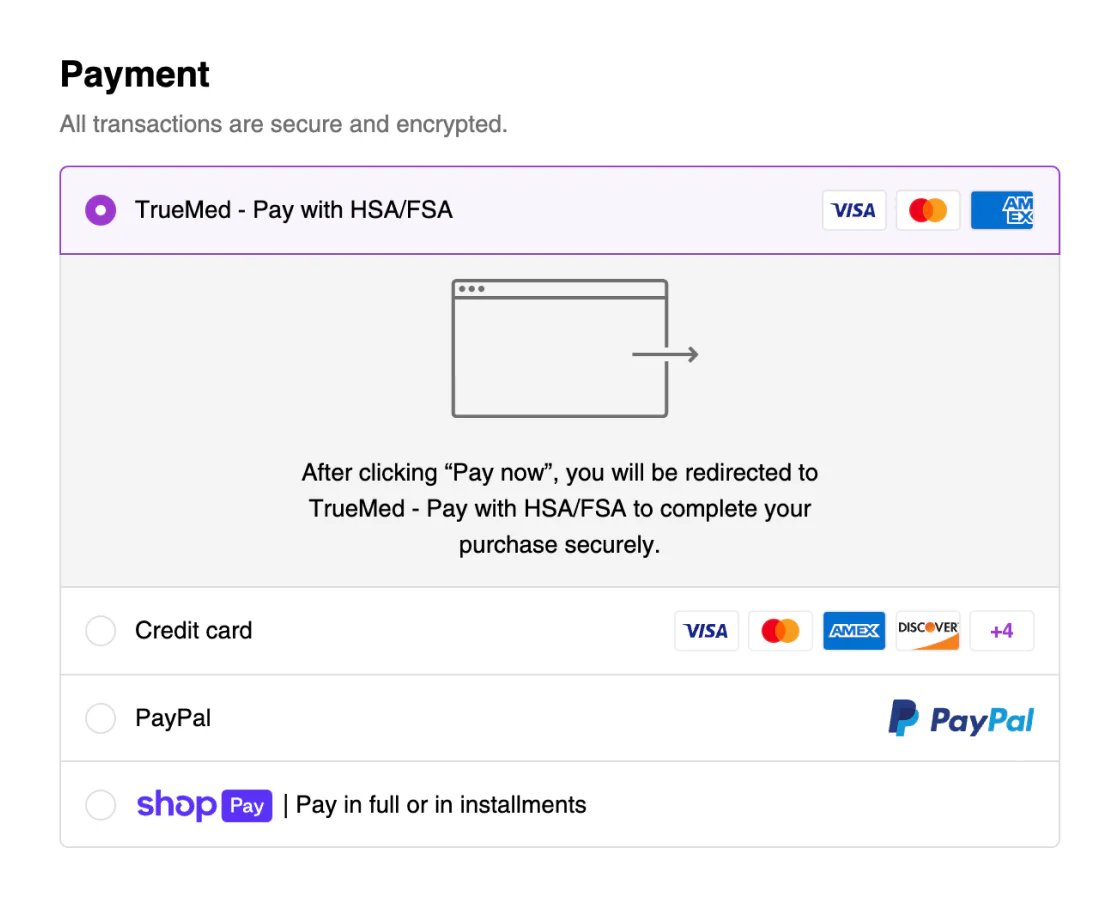A screenshot of the checkout process from Shopify. The top payment option shows TrueMid as an option to purchase the gut health products.
