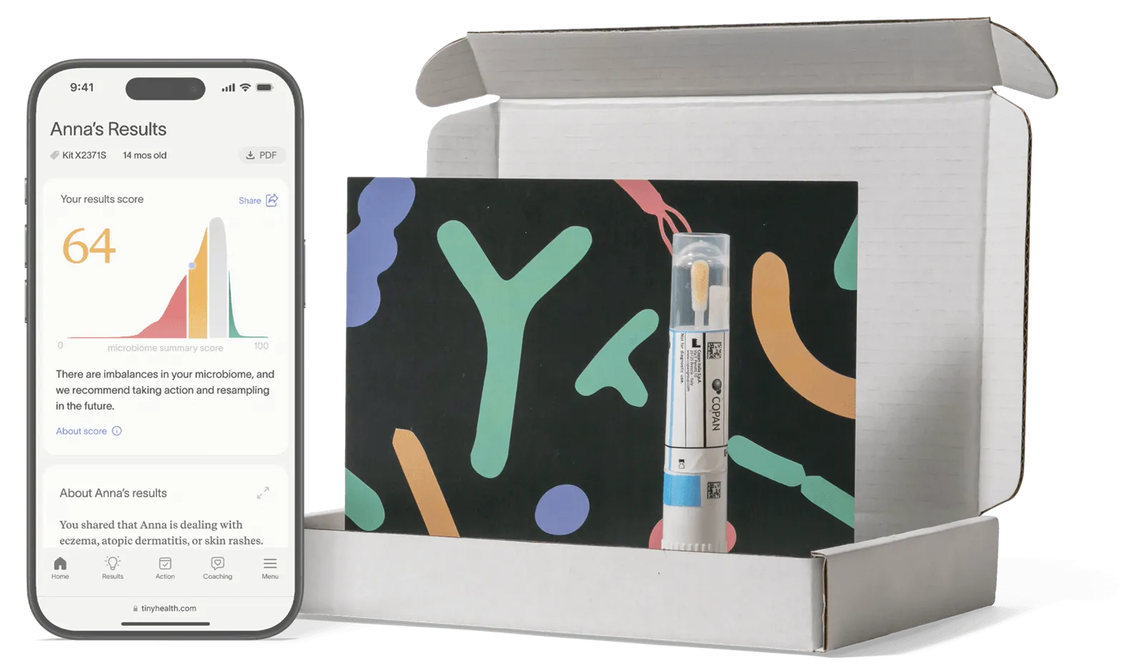 Smartphone displaying microbiome test results next to an open gut health test kit with collection tube