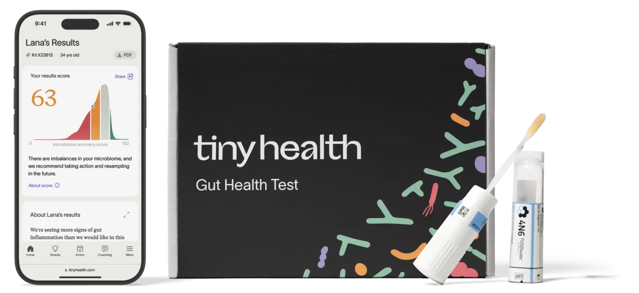The Tiny Health Gut Health Test kit, including the product box, a sample collection swab and vial, and a smartphone displaying the results app.