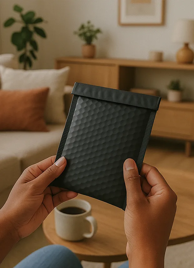 A person's hands holding a small, black, honeycomb-textured Tiny Health envelope. 