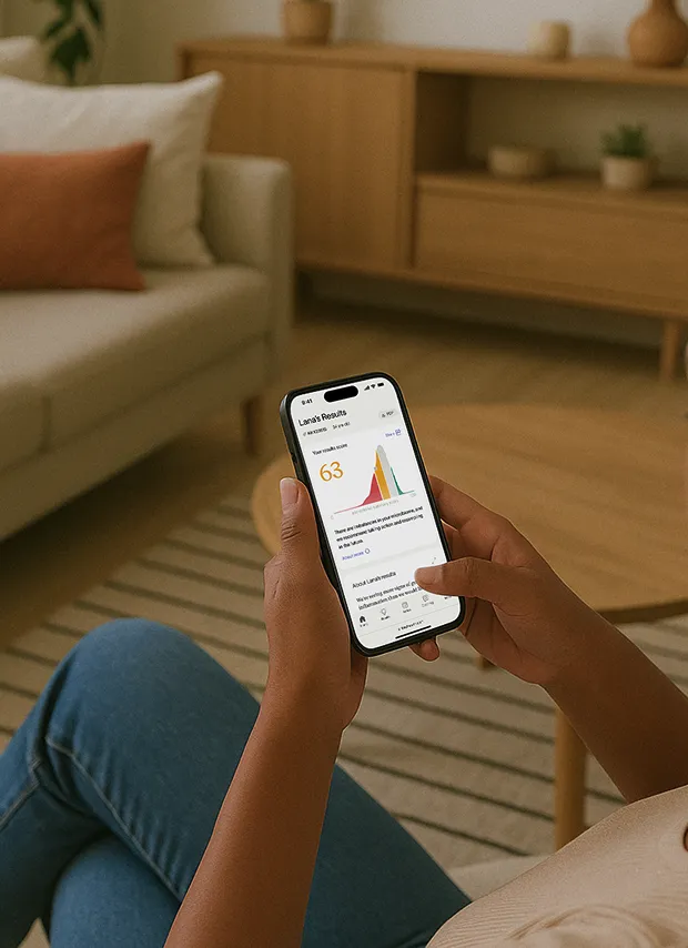 A person sitting in a living room, holding a smartphone. The phone screen is visible, showing a health app with the title "Lana's Results" and a score of 63 displayed next to a graph.