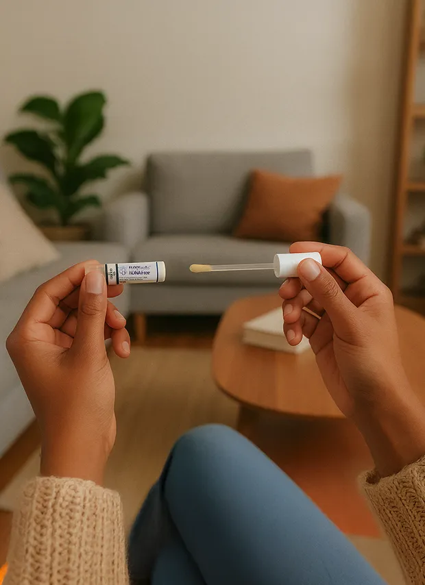 A person's hands holding a small test vial and an applicator swab with a sample on the tip. The photo is taken from a first-person perspective in a cozy living room.