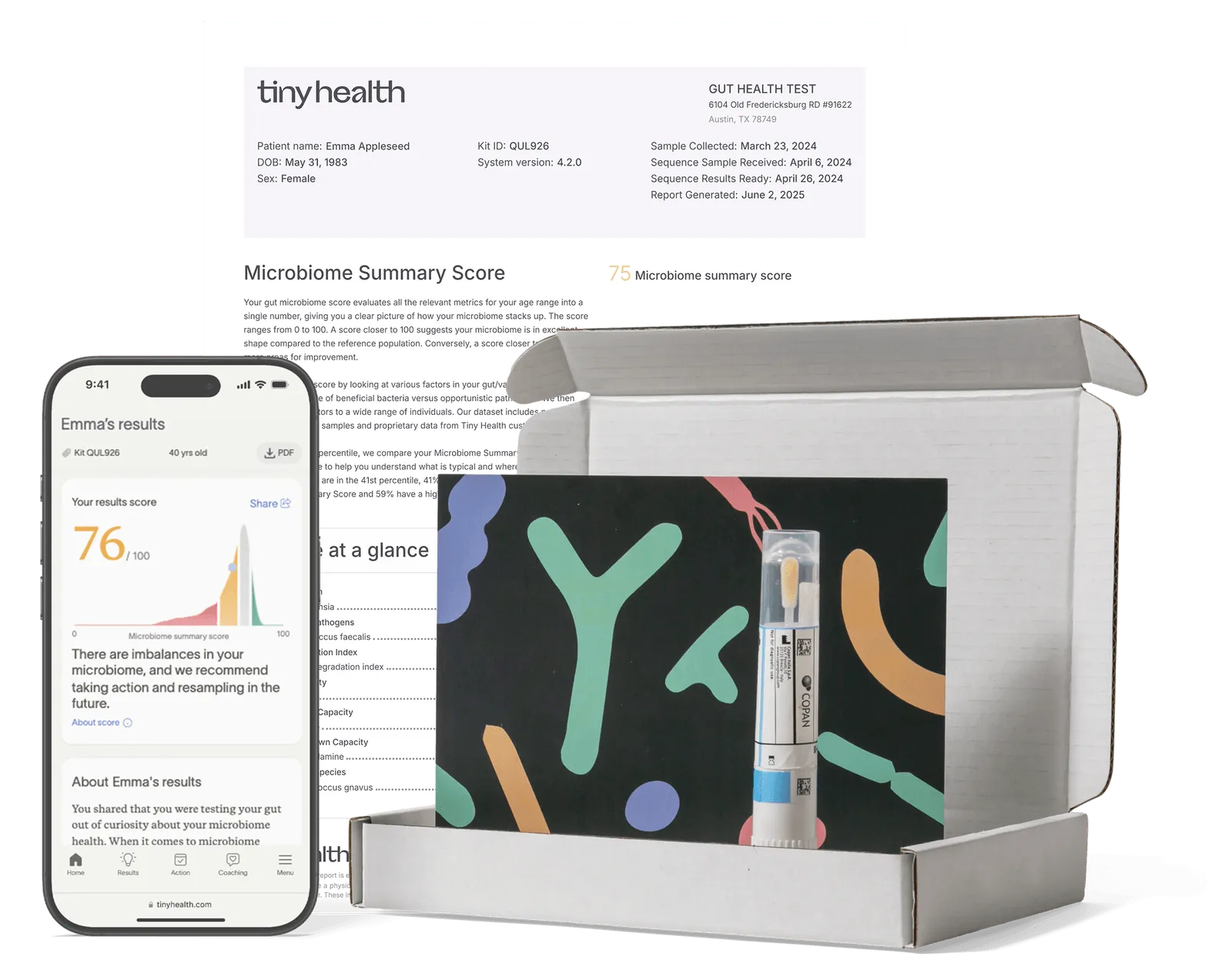 A gut health test with its results in an application inside of a phone. The results are also displayed as a PDF, and next to the phone and the PDF there is a box containing the test kit implement. A gut health test with its results in an application inside of a phone. The results are also displayed as a PDF, and next to the phone and the PDF there is a box containing the test kit swab and instructions