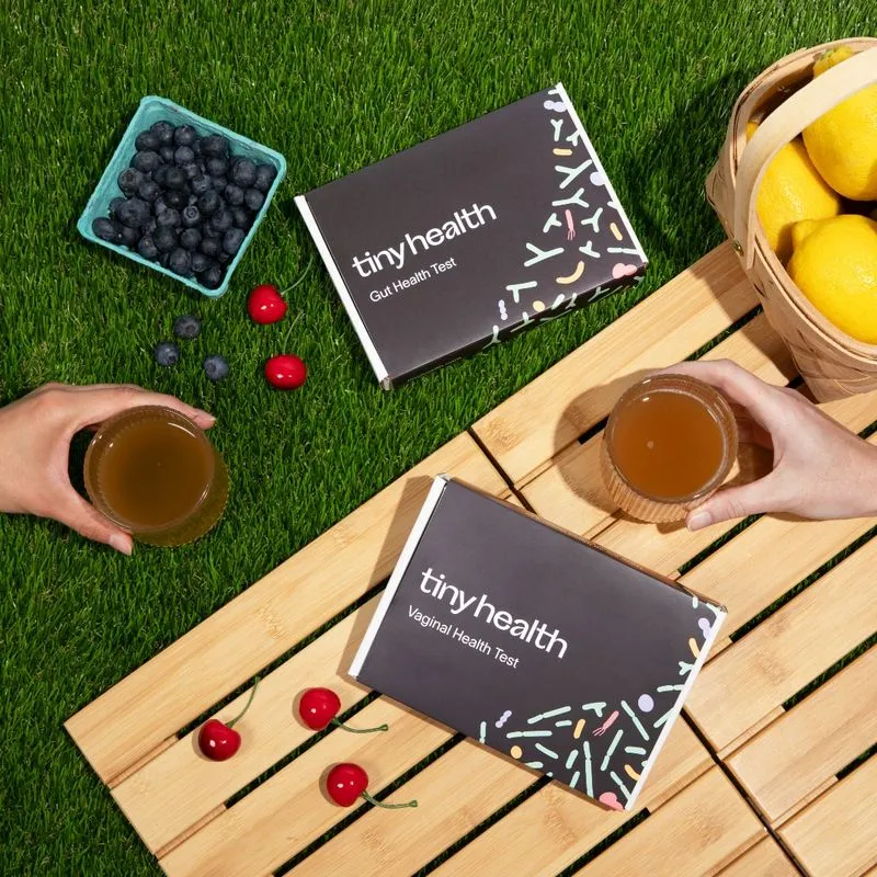 Two hands holding glasses of kombucha next to Tiny Health Gut and Vaginal Health Test kits, with blueberries, cherries, and a basket of lemons on grass and a wooden surface.