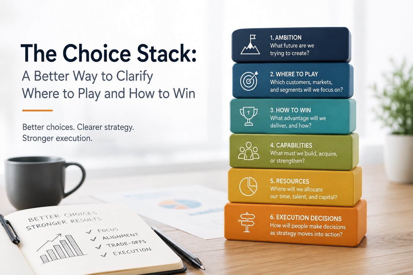 Choice Stack article cover showing ambition, where to play, how to win, capabilities, resources, and execution decisions.