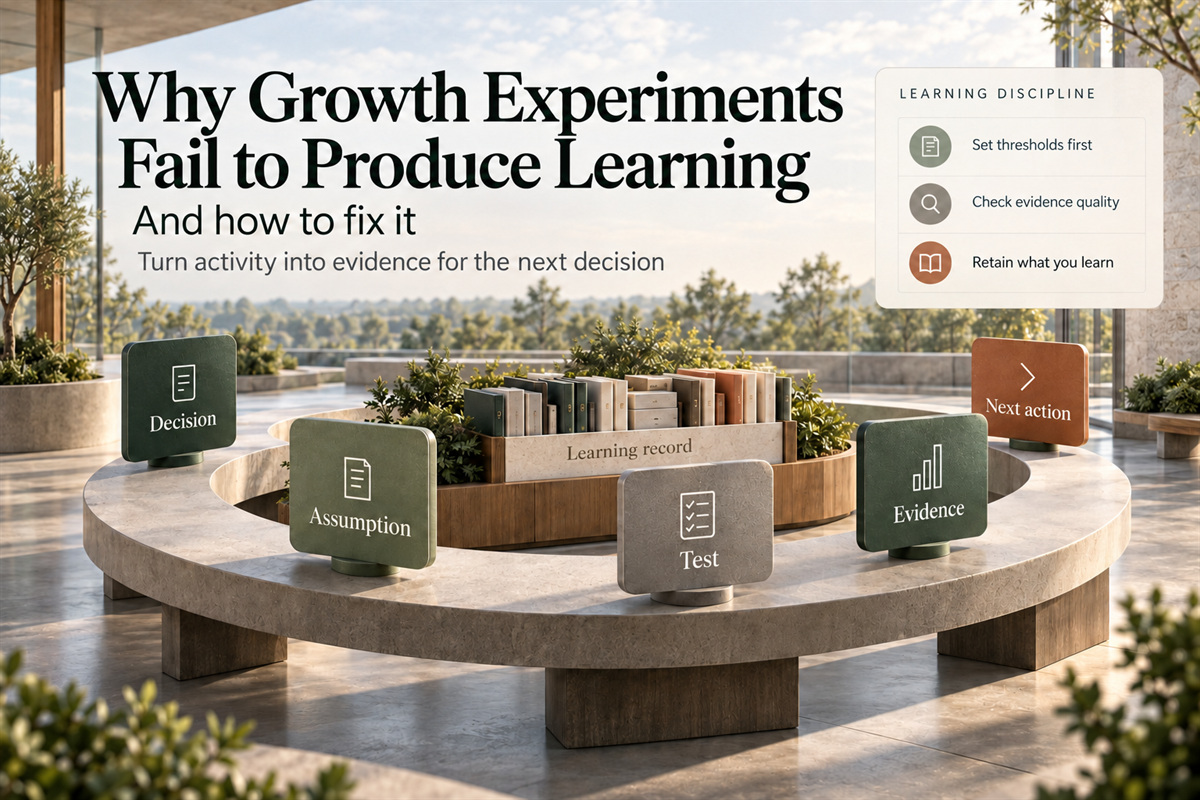A business learning system connects decision, assumption, test, evidence and next action around a shared learning record.