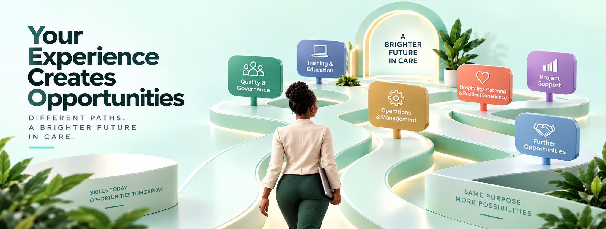 Illustration showing career pathways in Adult Social Care, including quality and governance, training and education, operations and management, hospitality and resident experience, and project support.